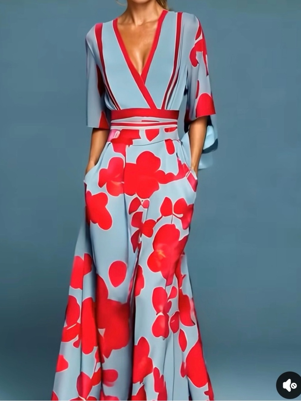 Deep V Lightweight Dress with Red Floral Print on Light Blue